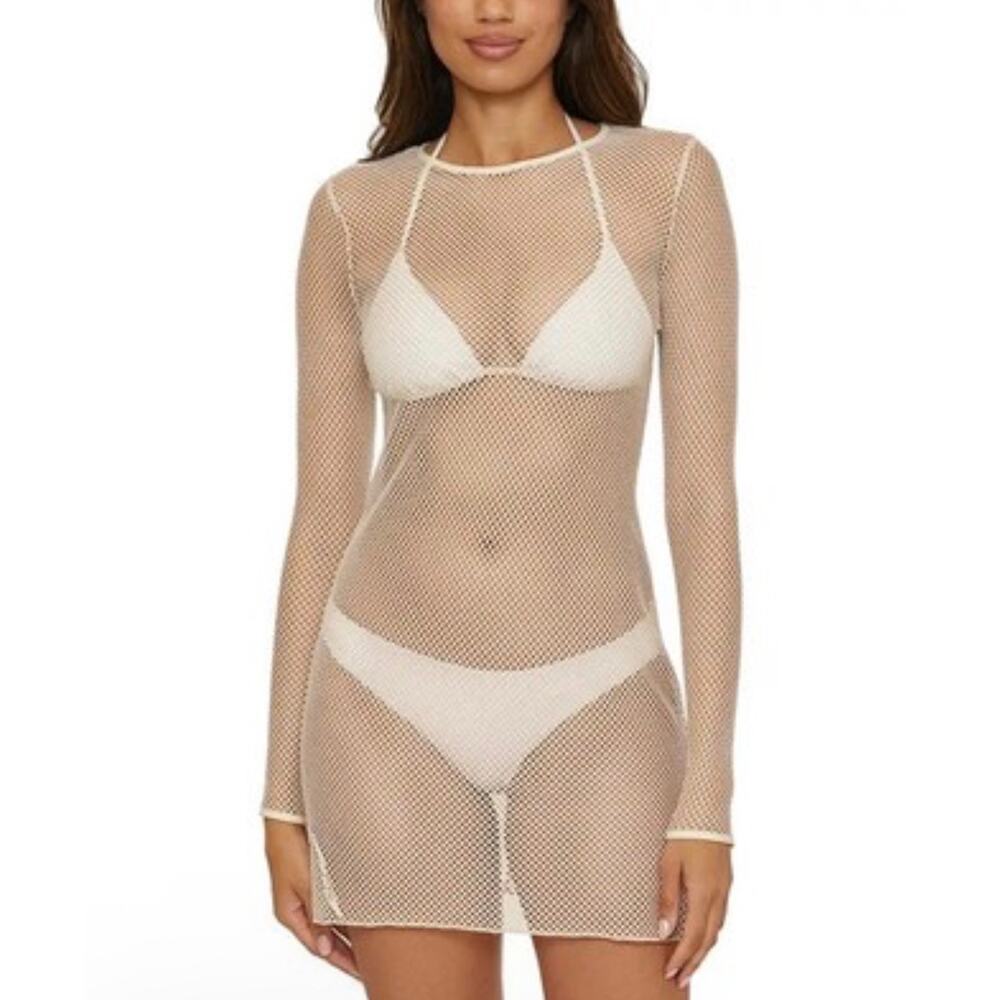 Becca Womens Swim Cover Up Dress Size Medium Beige Metallic Fishnet Mesh NEW